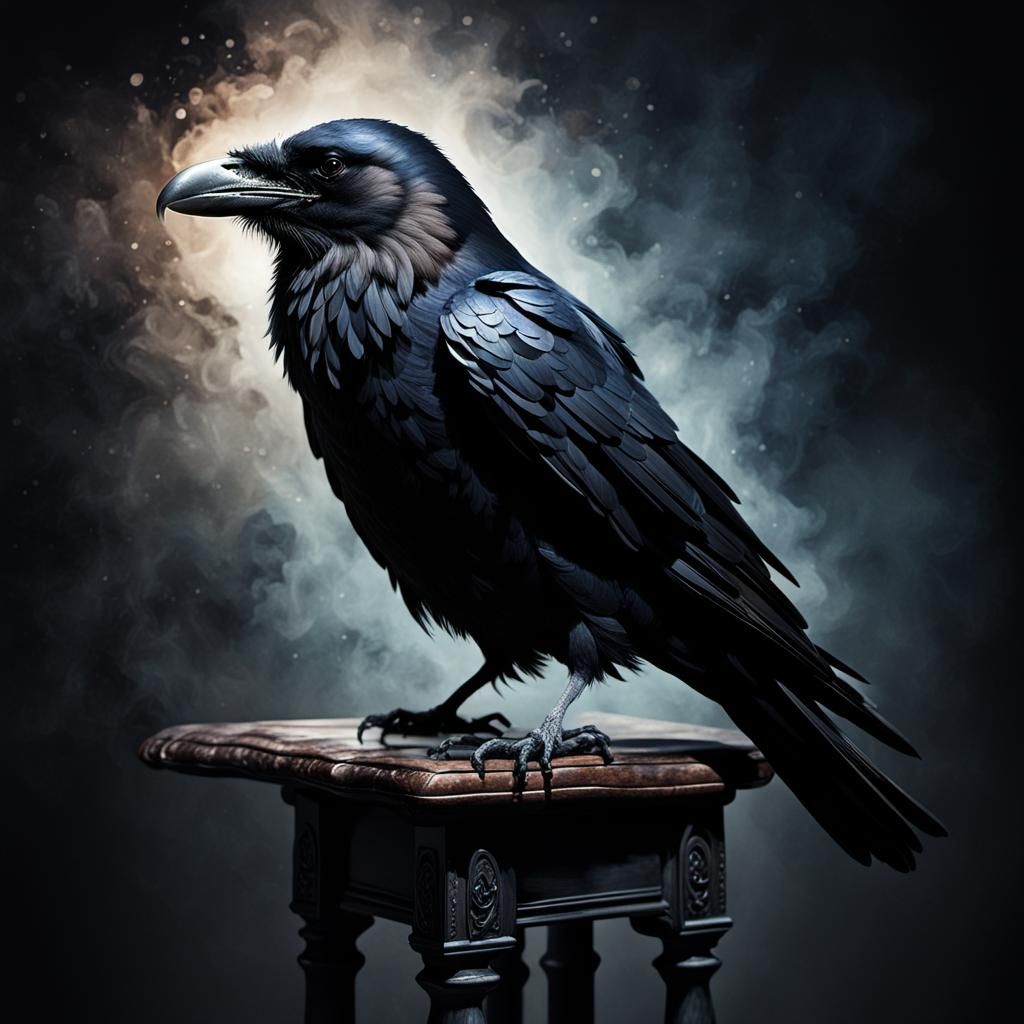 Raven on Gothic Chair in Dark Art Style