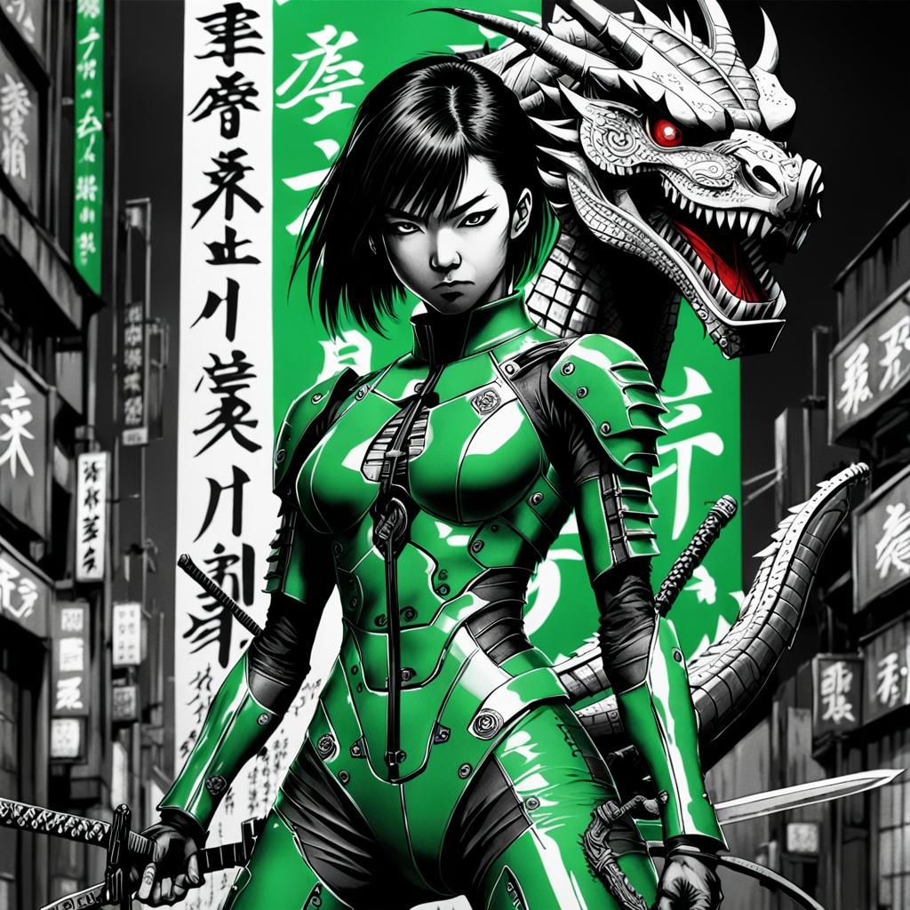 Cyberpunk Manga Cyber Dragon Ninja in Green Latex