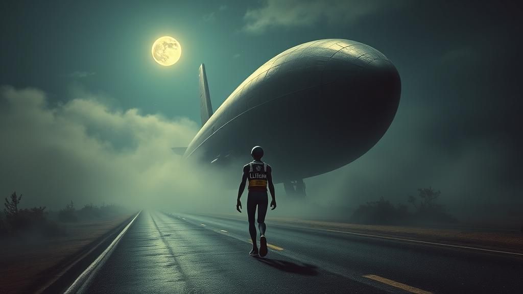 Alien Journey to Spaceship in Surreal Landscape