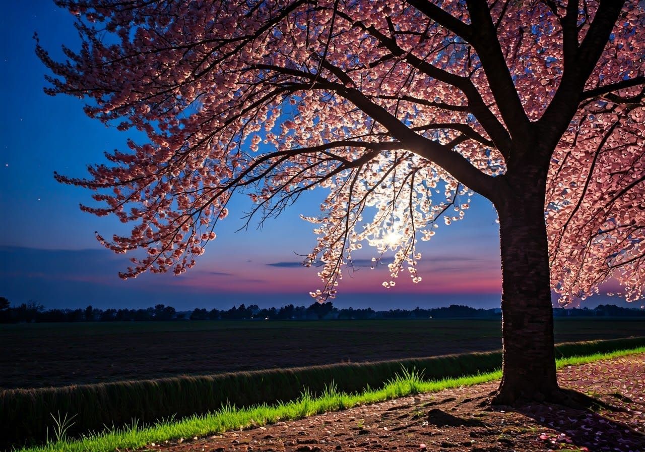 Cherry Blossom Tree Illuminated in Sumi-e Style