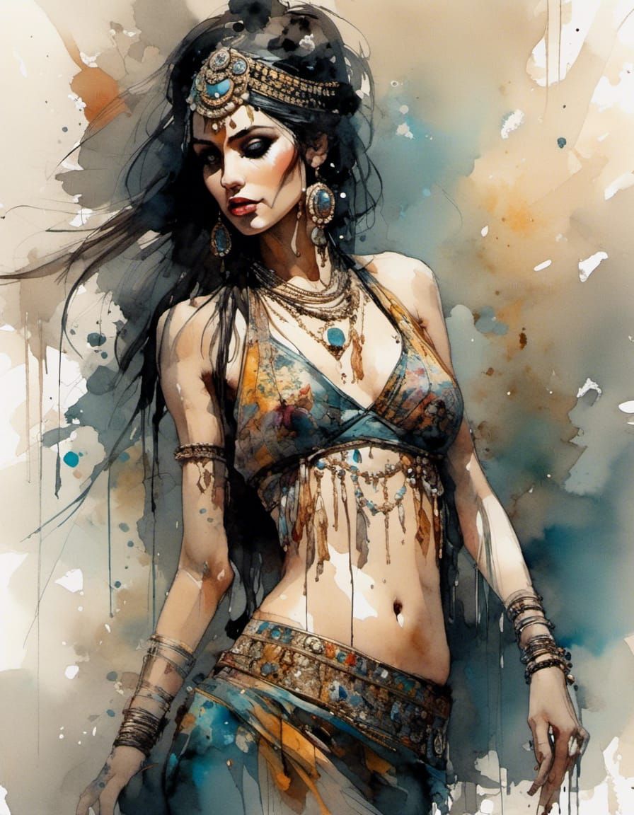 <lora:Character X:1.0> standing portrait of a grunge goddess bellydancer, expressive eyes and pose, moody