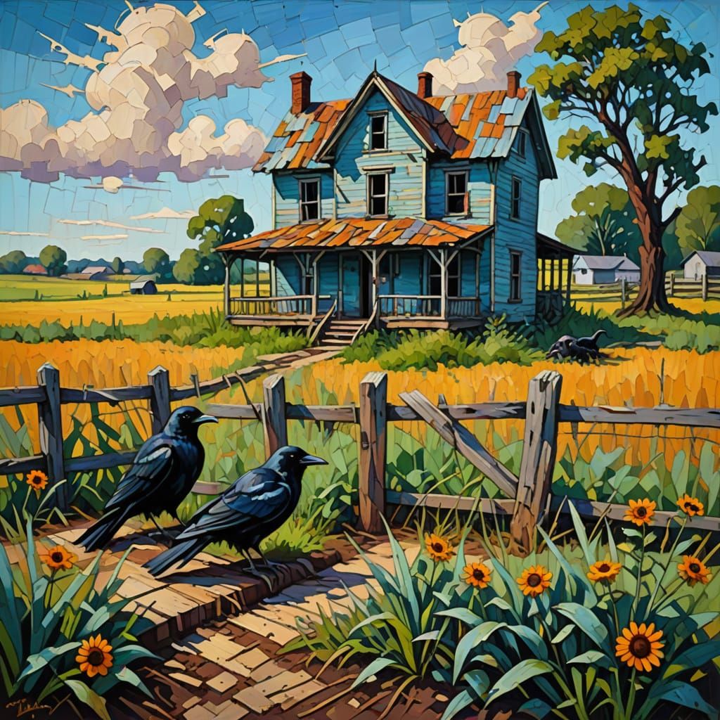 Abandoned farm house in disrepair. Broken porch, peeling paint, broken windows. Crow sitting on worn scarecrow in overgr...