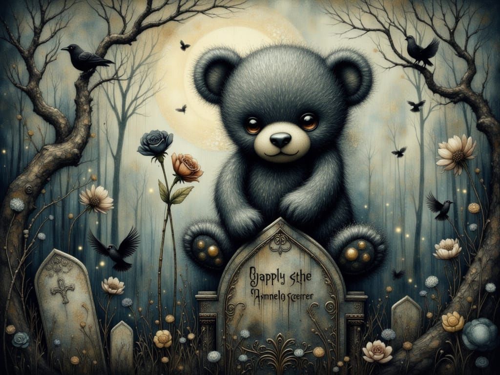 Gothic Teddy Bear with Dragon in Misty Graveyard