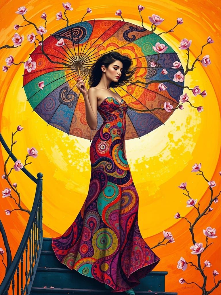 Surreal Woman Ascends Staircase in Kaleidoscopic Sunset