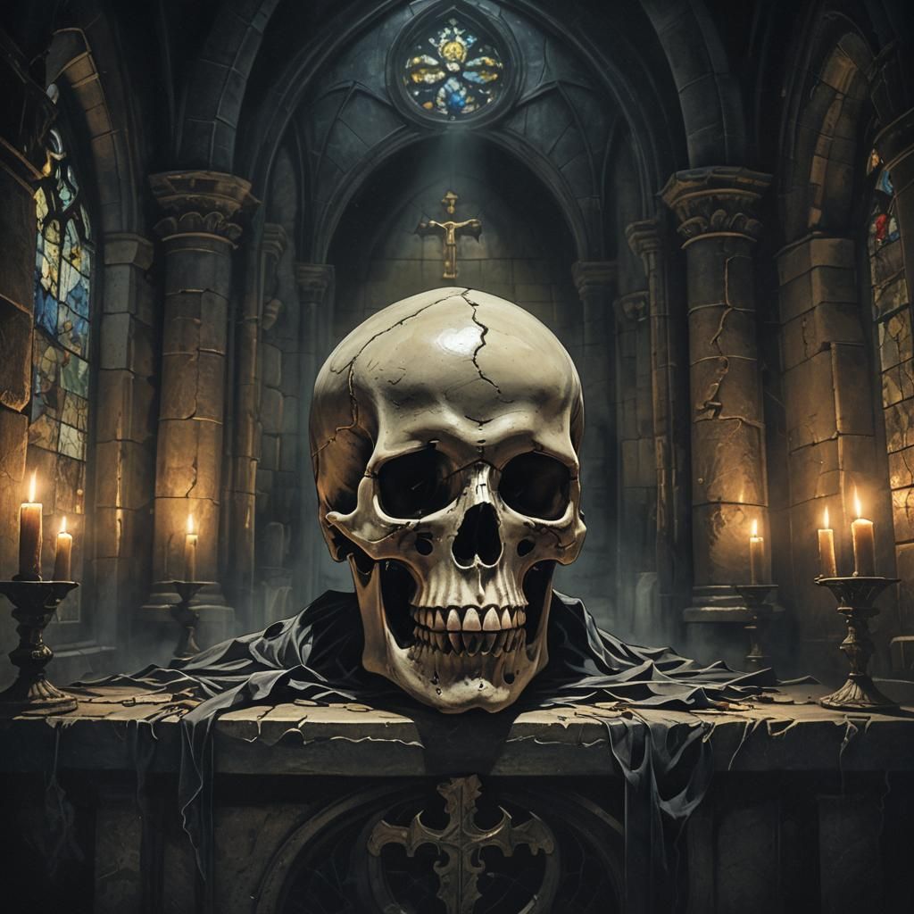 Candlelit Skull in Gothic Chapel, Gustave Doré Style