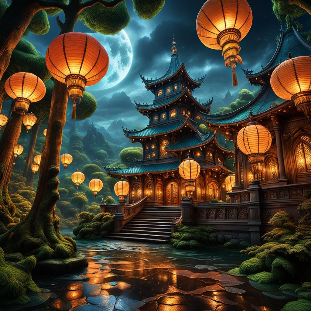 A display of lanterns illuminating enchanting scenes of  mys...