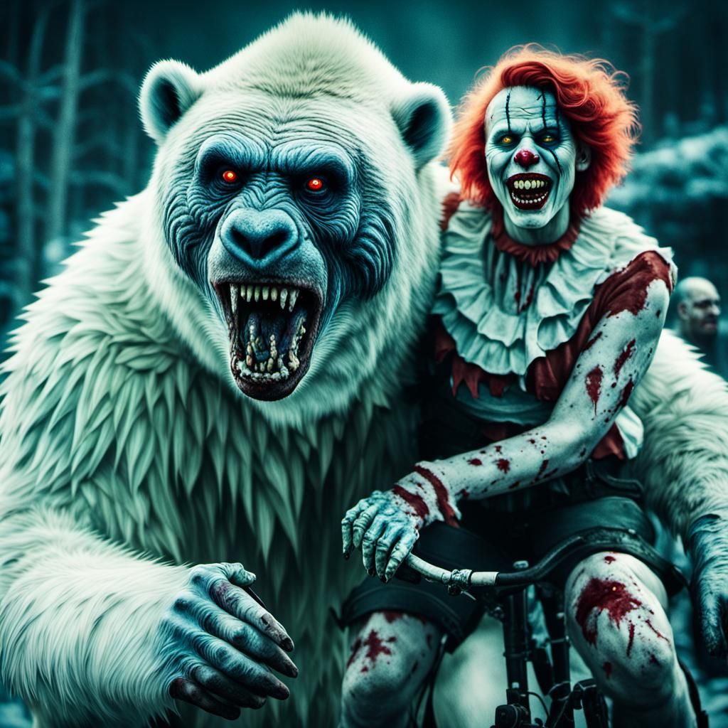 Zombie Clown Woman Rides Polar Bear: Cinematic Still