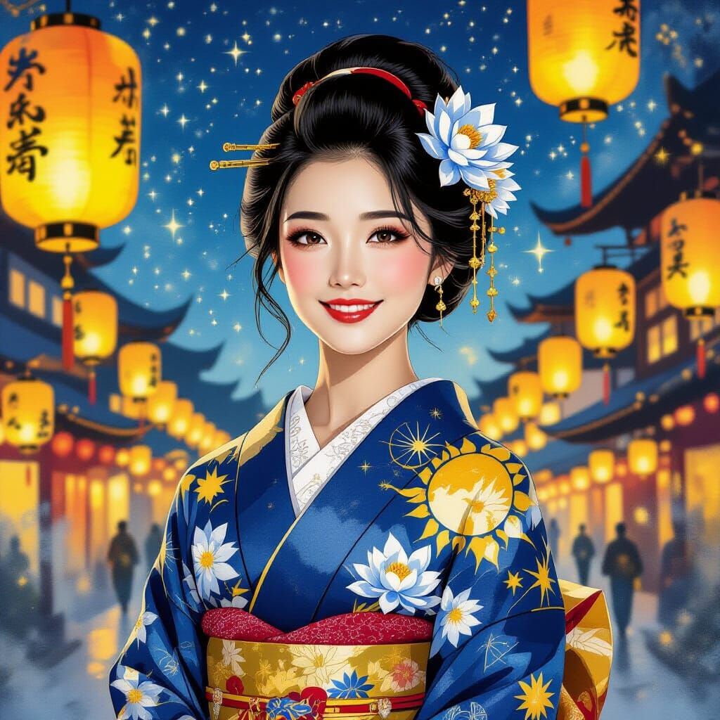 Japanese Beauty at Lantern Festival in Expressive Impression...