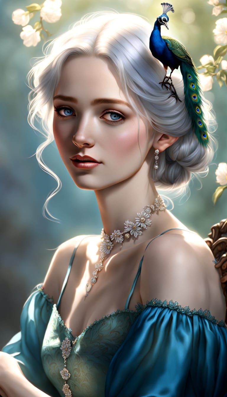 Victorian Woman in Sunlight with Peacock Dress