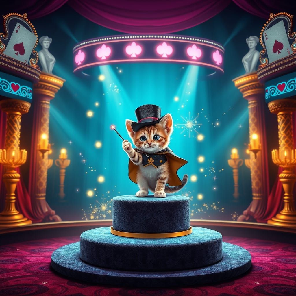 Whimsical Las Vegas Kitten Magician in Vibrant Fantasy Style