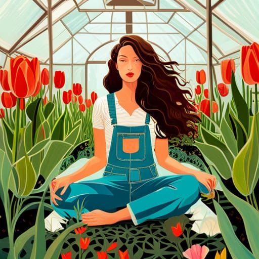 Woman Surrounded by Tulips in Greenhouse