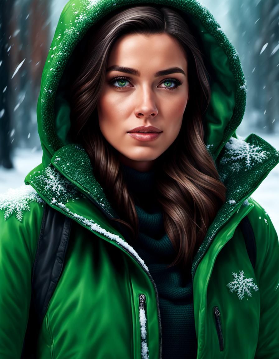Woman in Green Jacket in Snowy Portrait