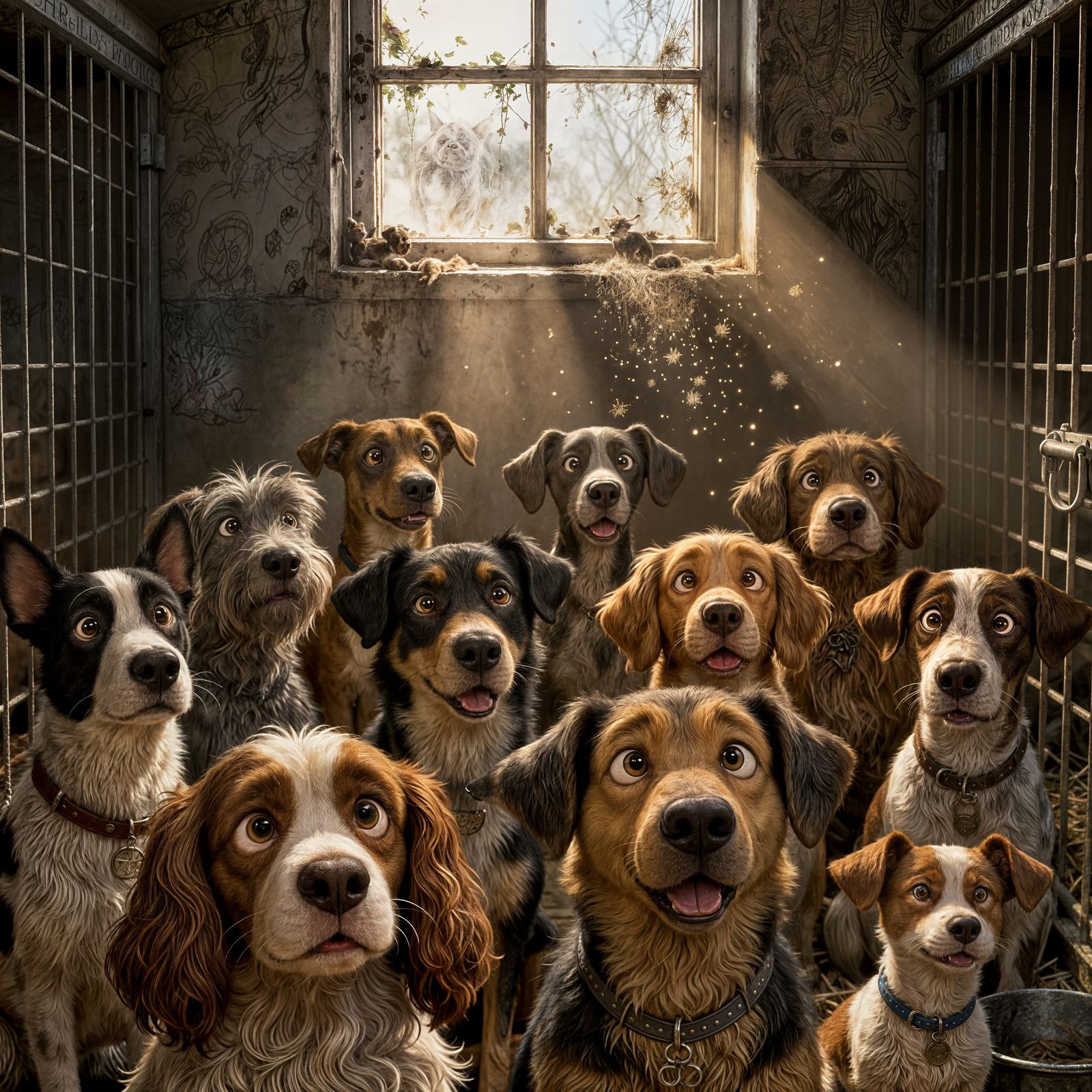 Hopeful Shelter Dogs in Expressive Line Art Style