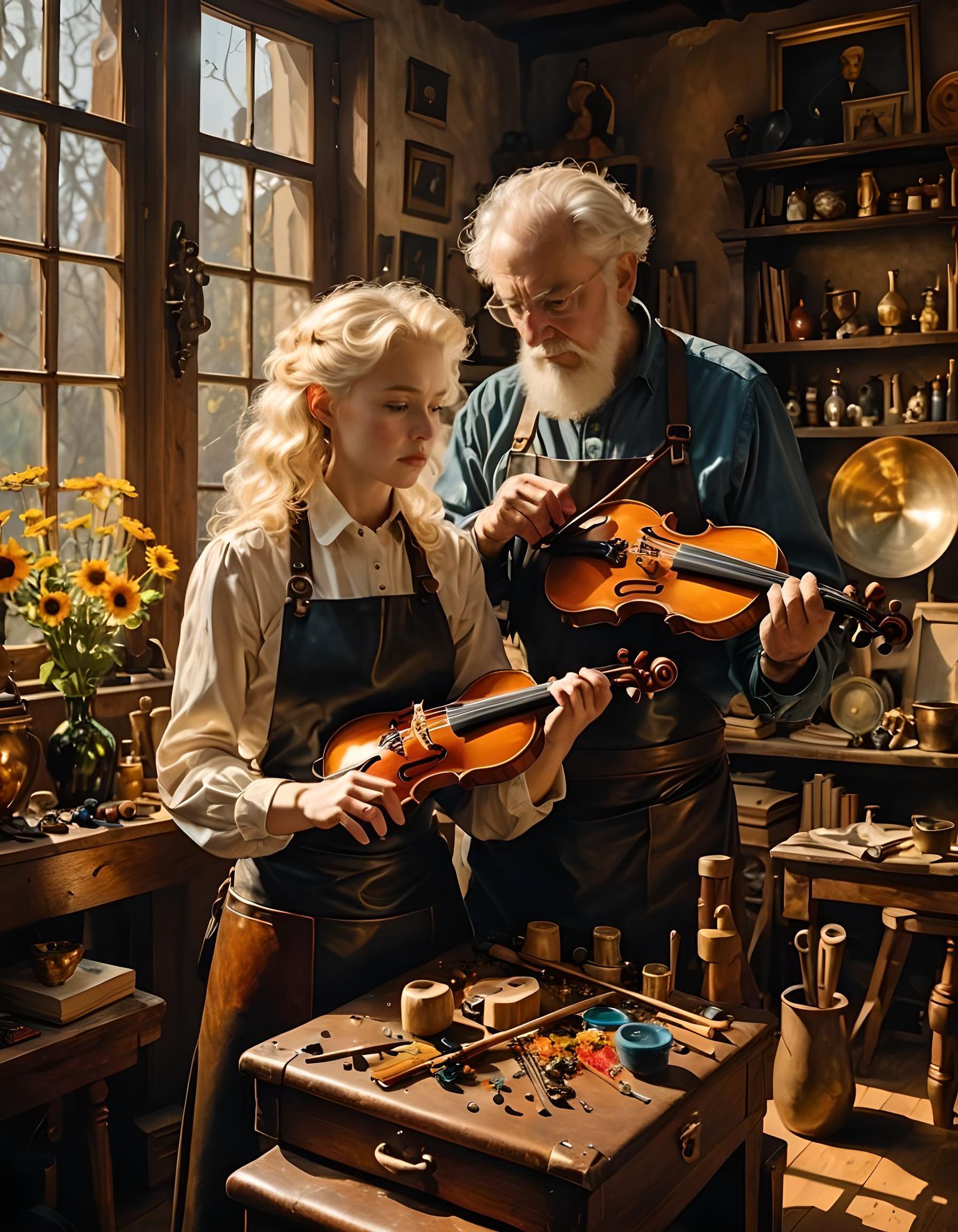 In the luthier's workshop, the Master evaluates the work of his apprentice