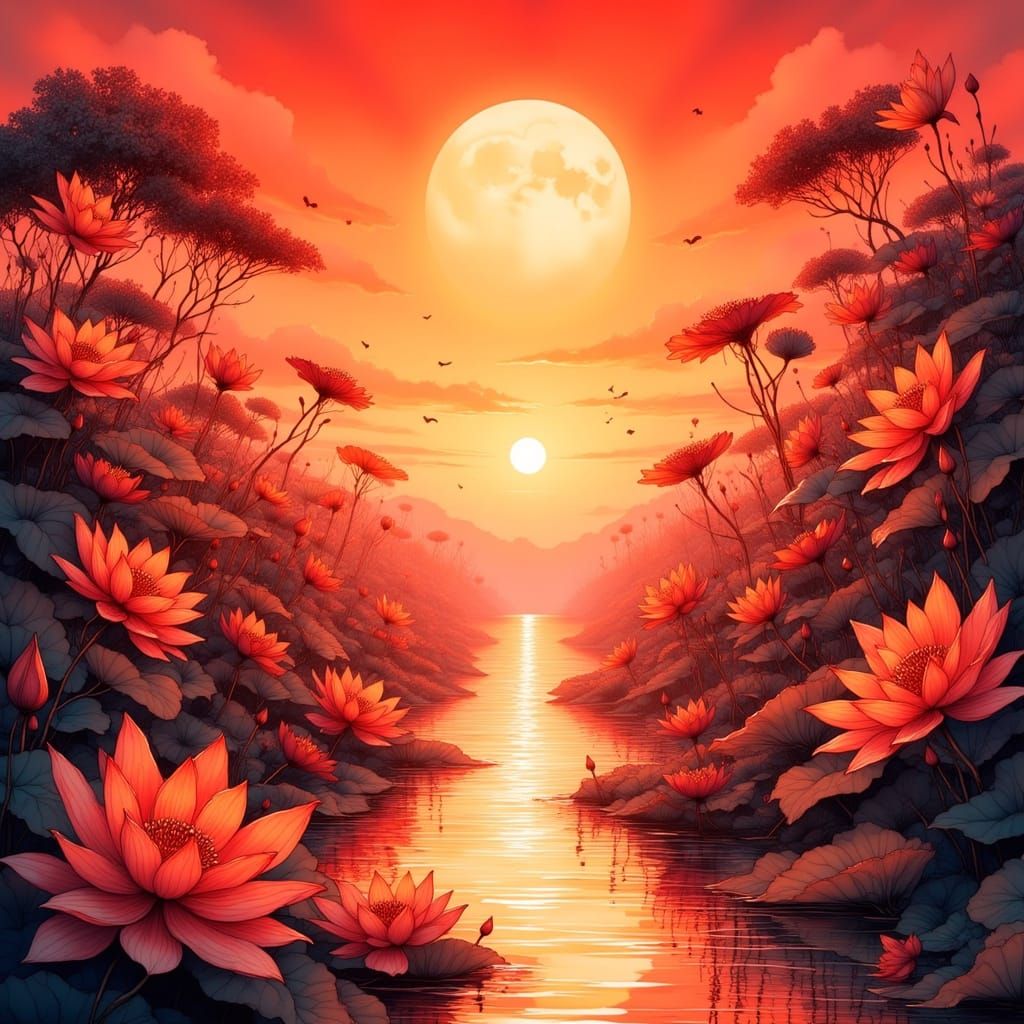 Orange Moon Lotus Landscape in 80s Anime Style