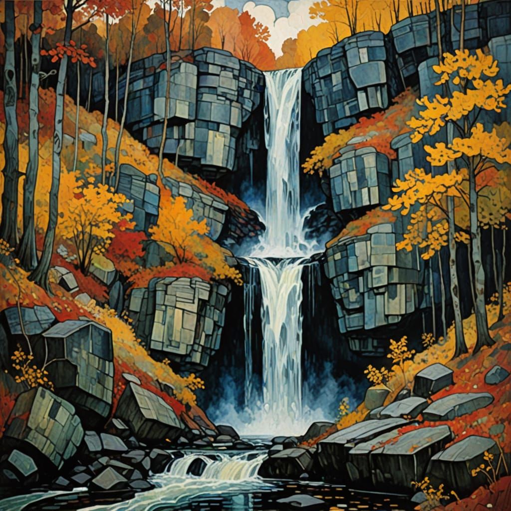 Vampire's Autumn Waterfall in Style of Vrubel and Klee