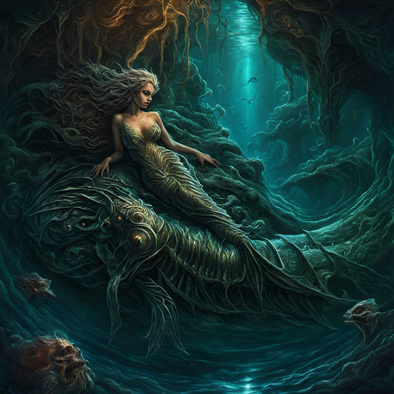 Evil Mermaid Luring Victim to Doom in Digital Art