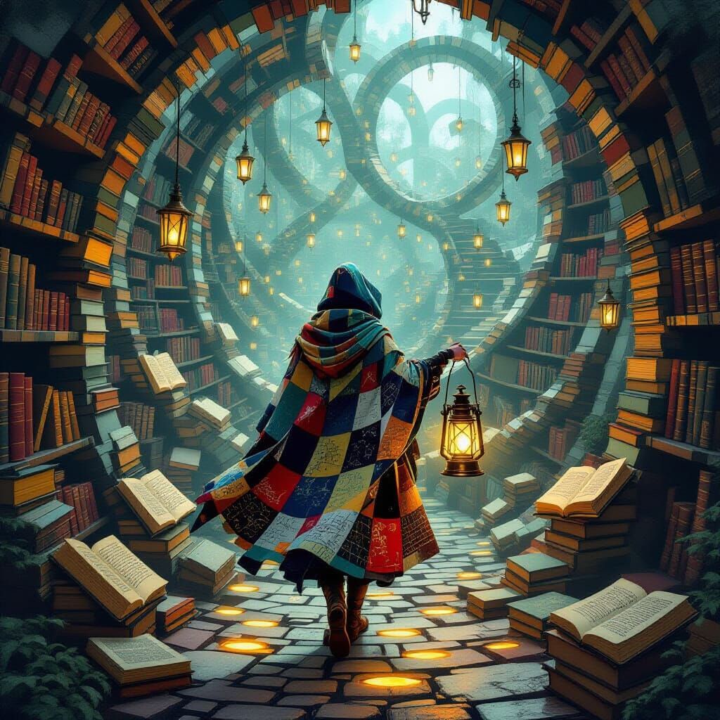 Whimsical Traveler in Labyrinth of Floating Books