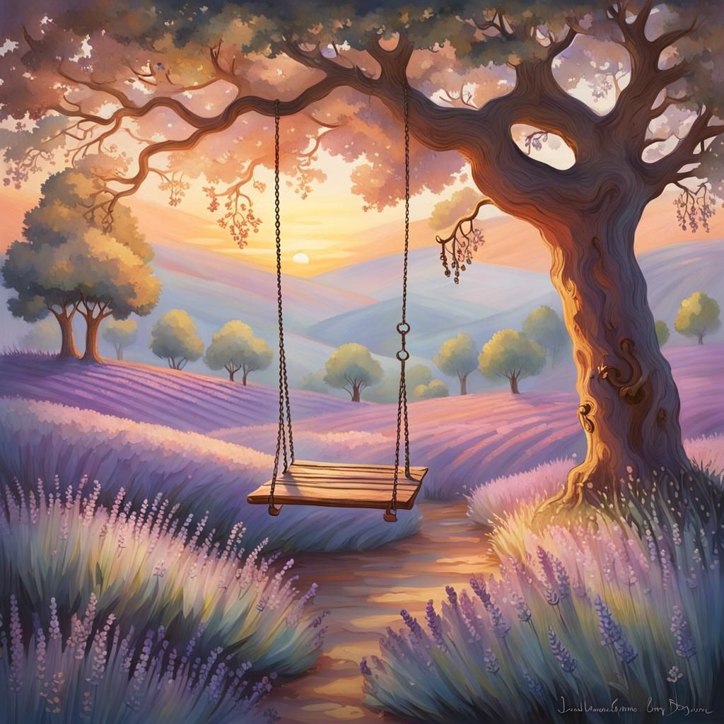 Lavender Sunset in Forest with Swing, Impressionistic Style