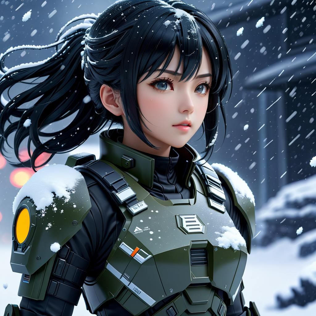 Anime Sci-Fi Soldier Woman Battles Snowstorm in Cyberpunk Ae...