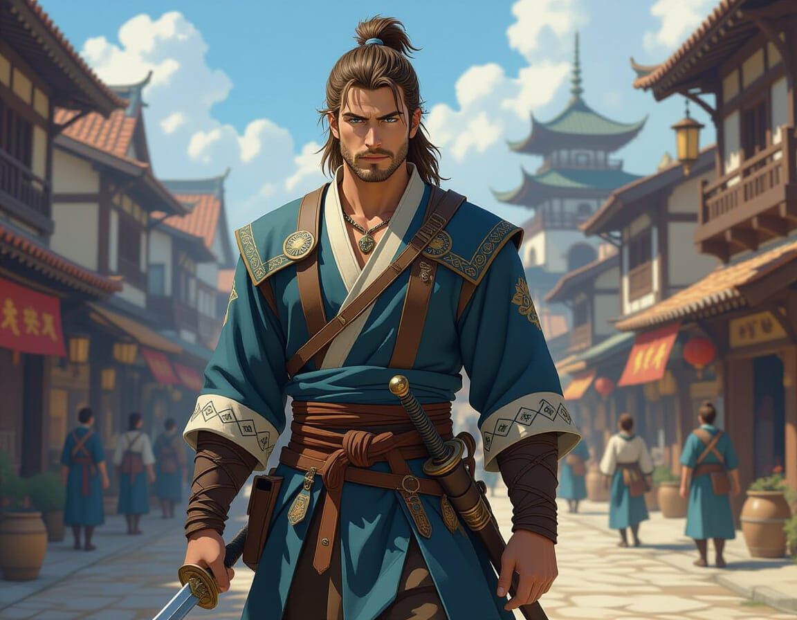 Medieval Swordsman in Miyazaki Style Town