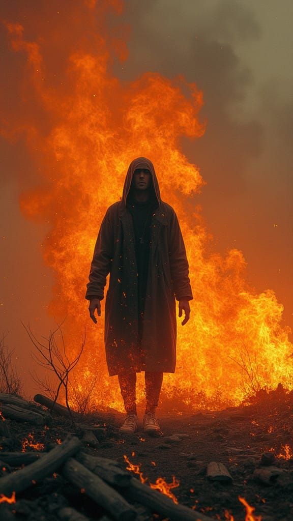 Desperate Survivor Amidst Inferno Ruins