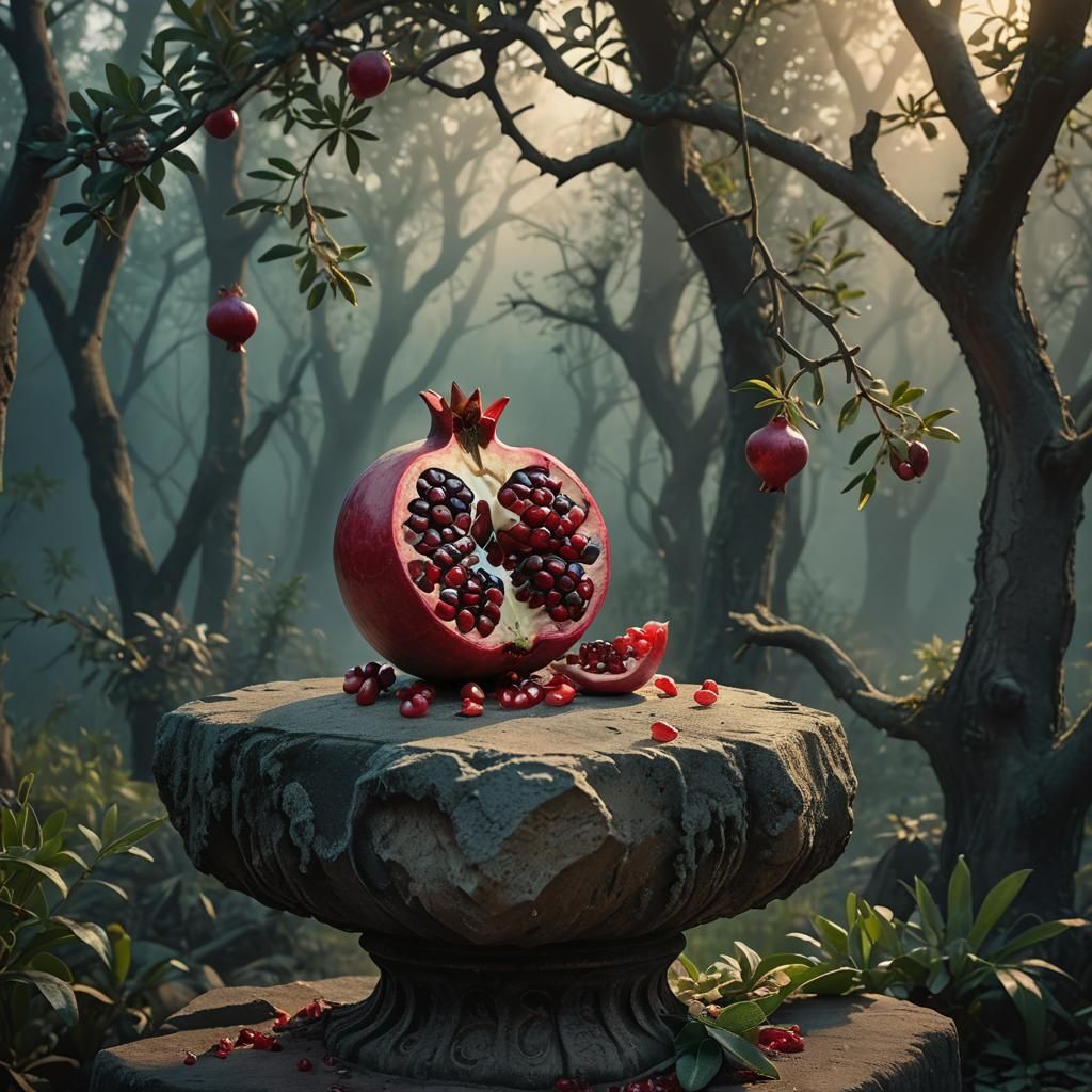 Pomegranate Split Open in Mystical Forest