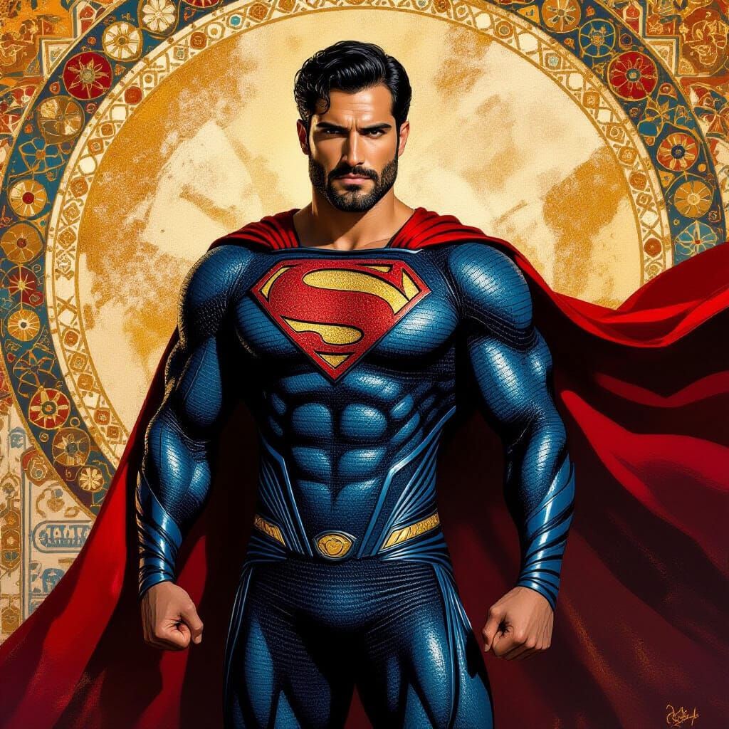 Detailed Superman Portrait in Klimt-Inspired Impasto Style