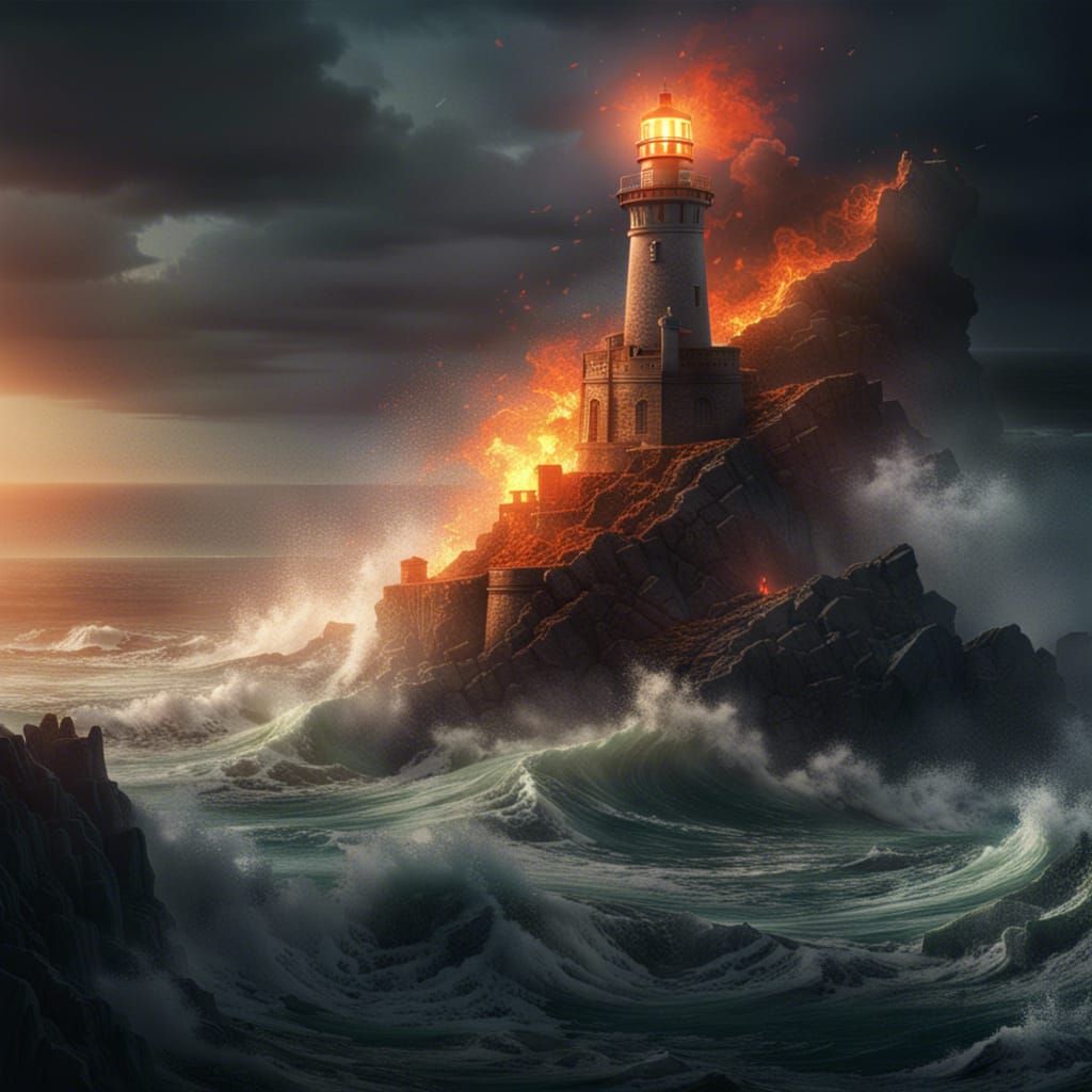 Burning Lighthouse on Stormy Coast: Detailed Matte Painting