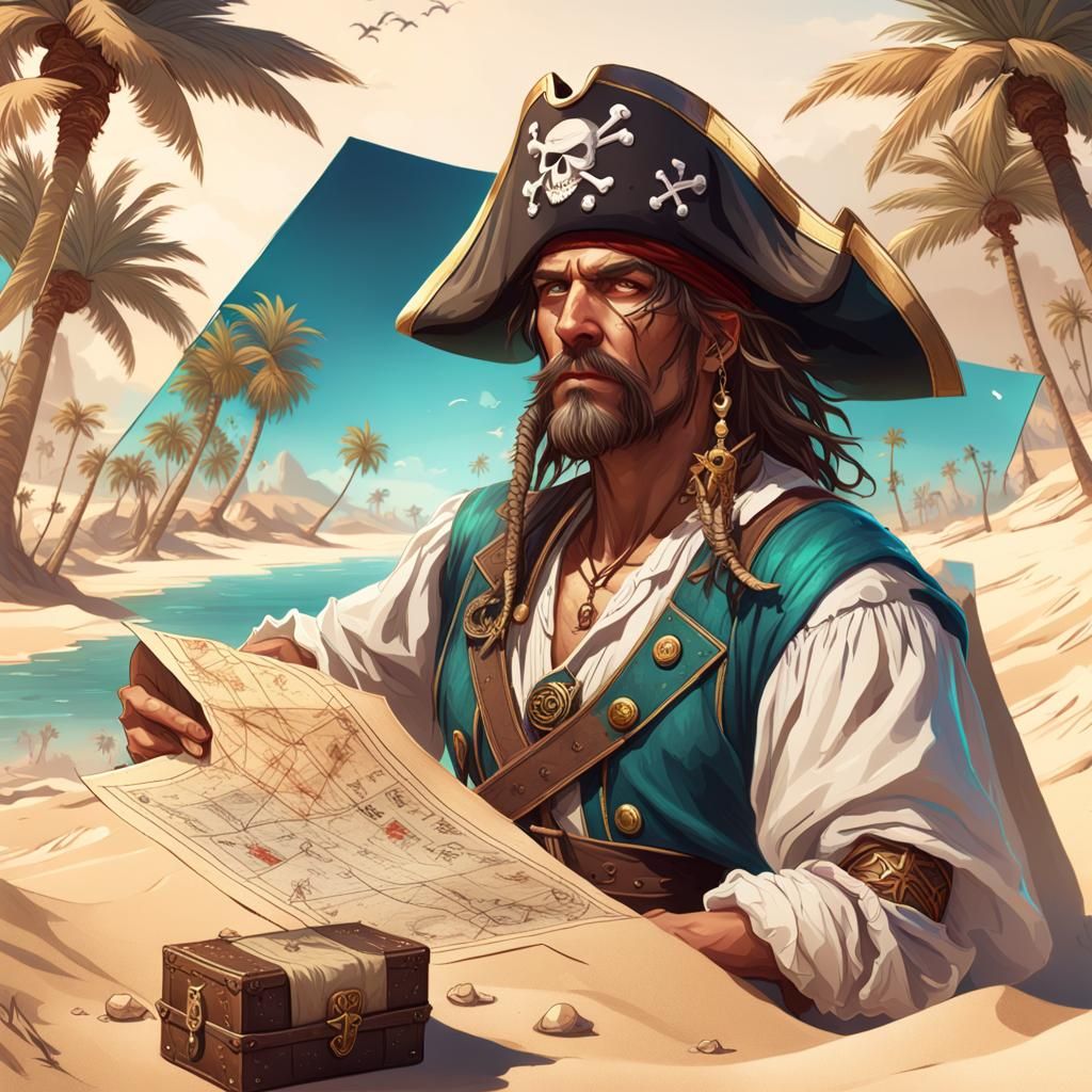 Whimsical pirate Character studying a Magical Treasure map laid out on a sandy beach on a desert island with palm trees ...