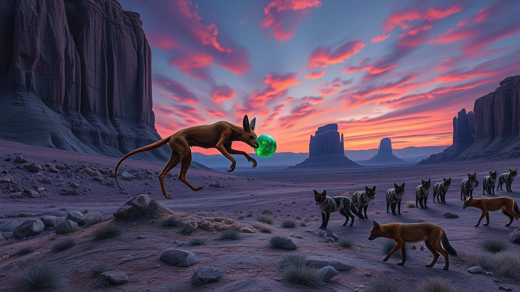 Alien Jackal in Surreal Landscape with Crystal Scorpion