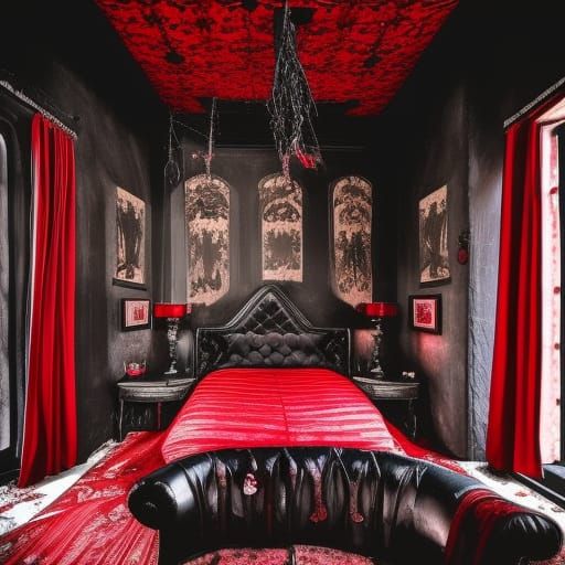 Pinhead themed penthouse with Black walls with Red accents& walls with pens in them& chains hanging from the walls& goth...