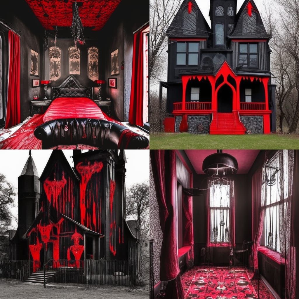 Pinhead themed penthouse with Black walls with Red accents& walls with pens in them& chains hanging from the walls& goth...