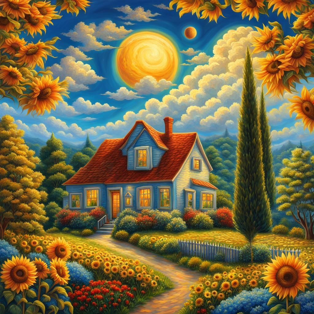 Naive Art Sunflower Field with Saturn