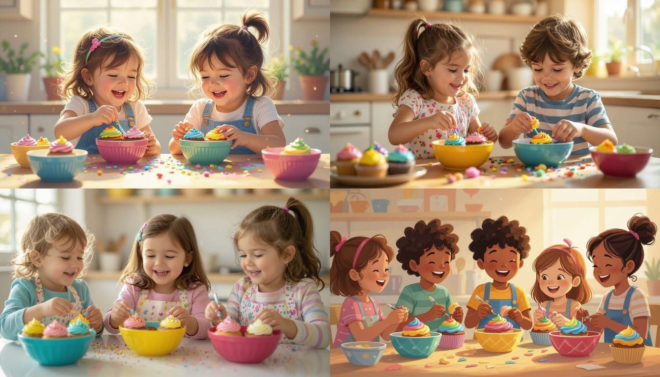 Joyful Kids Decorating Cupcakes with Rainbow Frosting