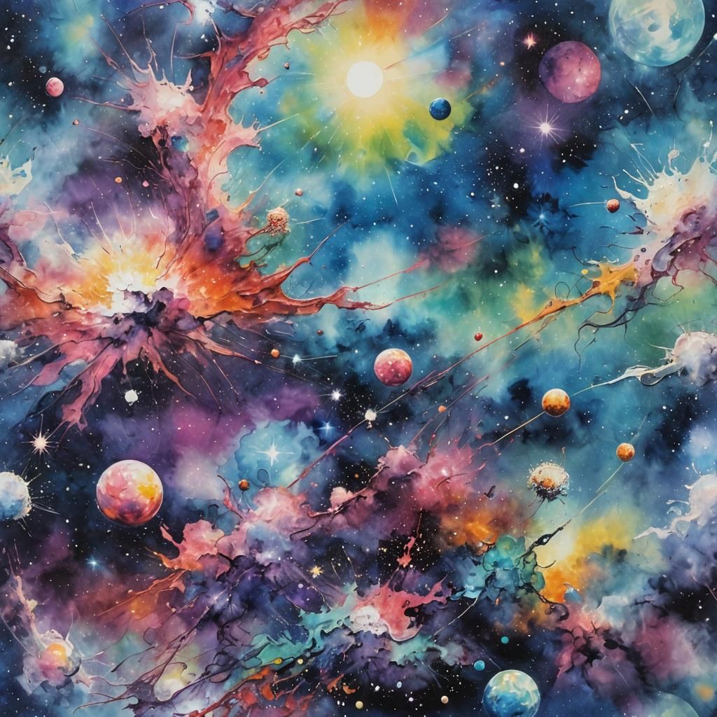 Celestial Alien Sky with Impasto and Gouache Textures