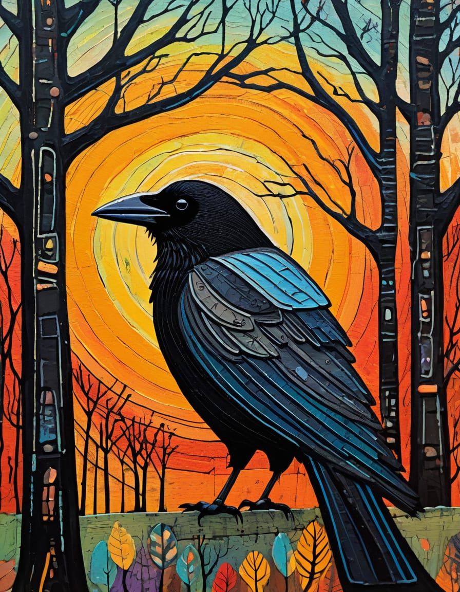Art Brut Crow Portrait in Sunny Woods