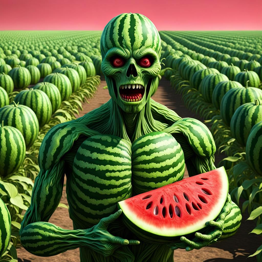 Scary Surreal Zombie Watermelon in Field