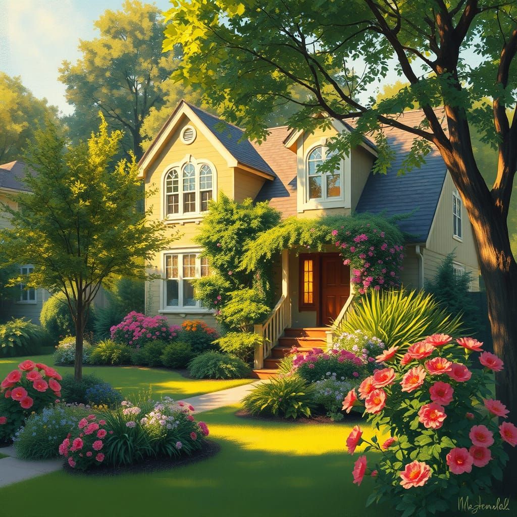 Impressionist Home Scene with Vibrant Flowers and Lush Green...