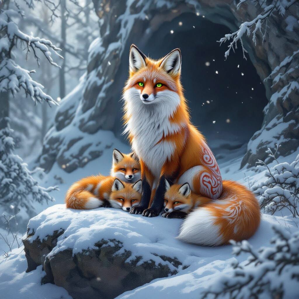 Fantasy Fox Family in Snowy Winter Forest