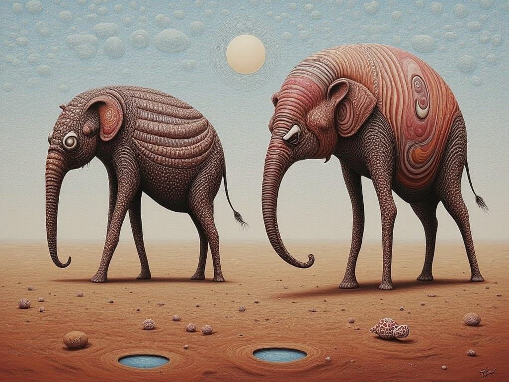 Surreal Elephants in Desert Landscape, Salvador Dali Style