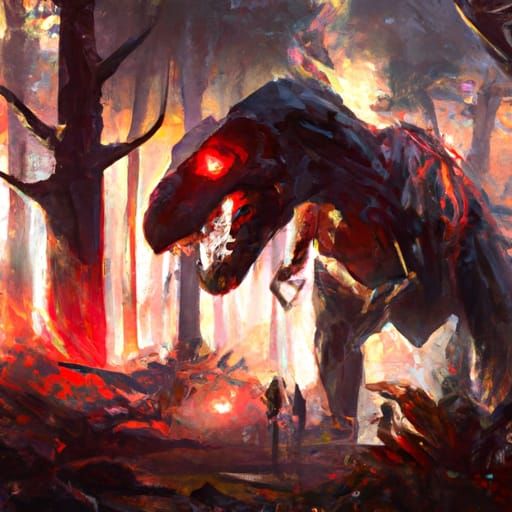 Mechanical Armed Crimson T-Rex in Dark Fantasy Style