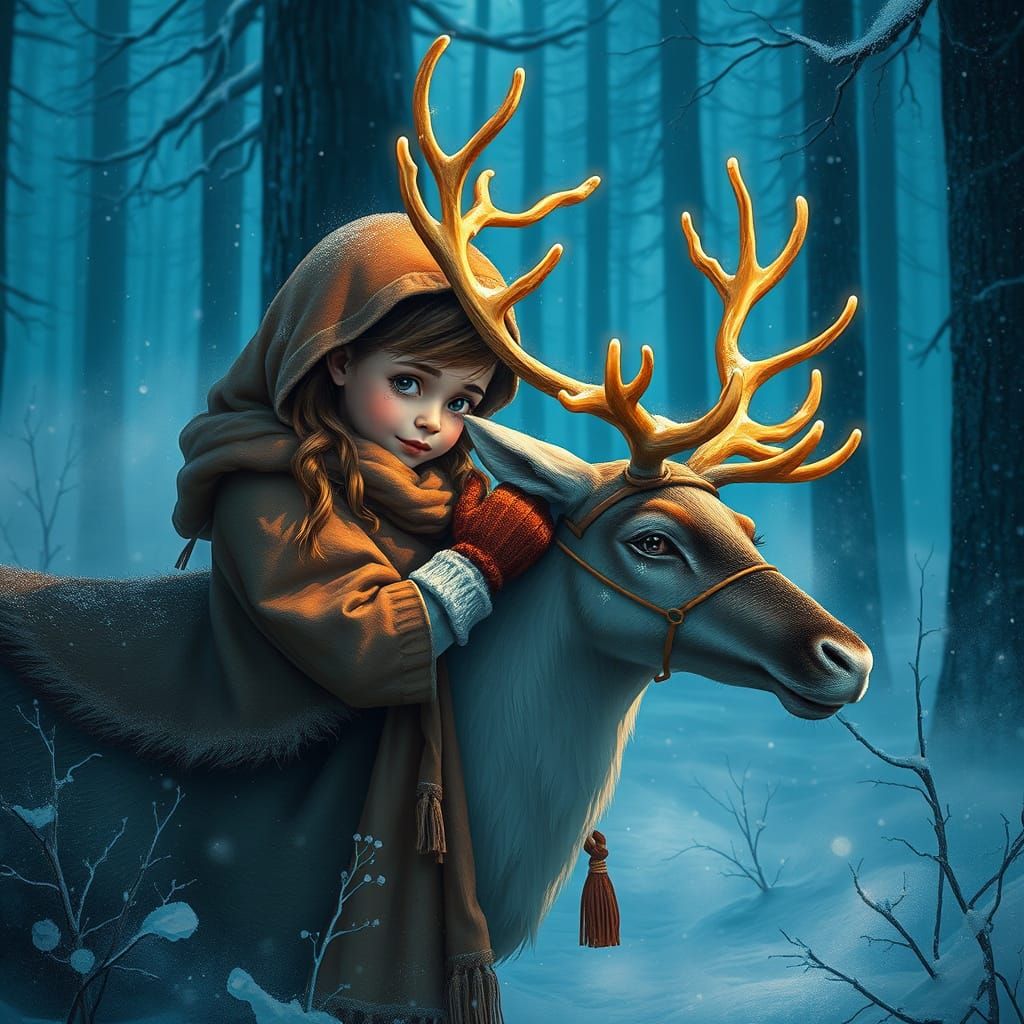 Girl Hugs Majestic Reindeer in Snowy Forest Landscape