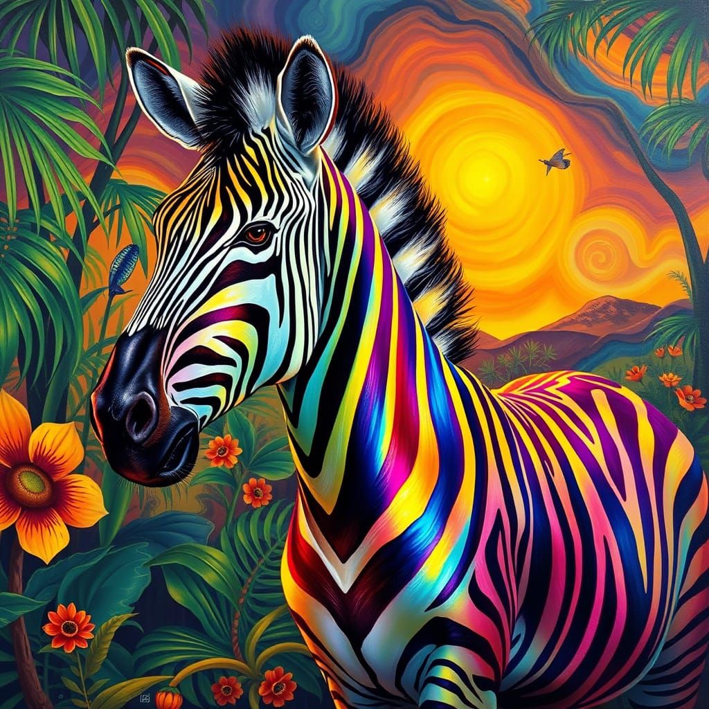 Regal Zebra in Kaleidoscopic Jungle Landscape