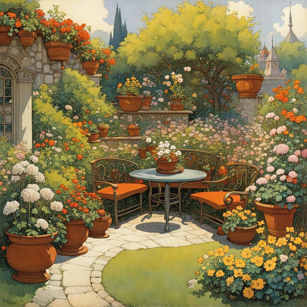 Garden Seating Area in Vintage Cartoon Style