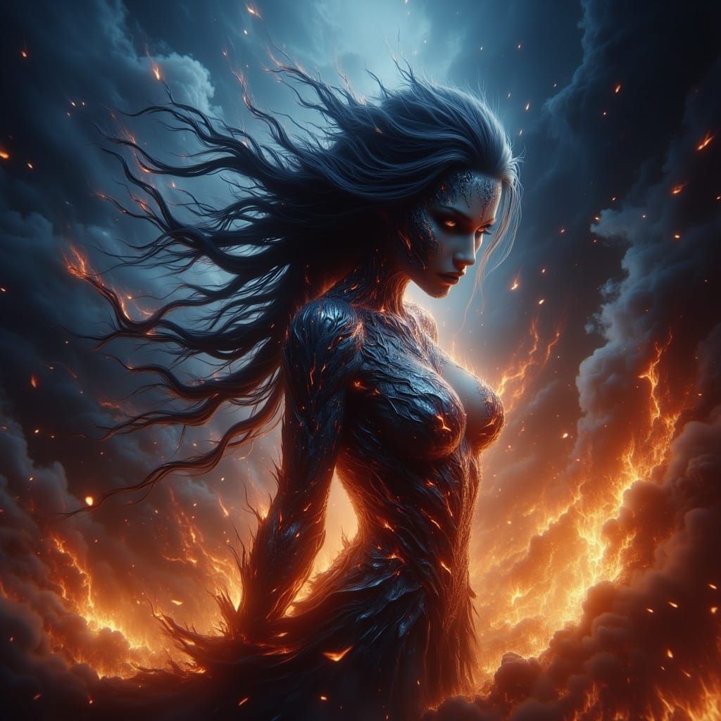 Ethereal Smoke Goddess Amidst Inferno