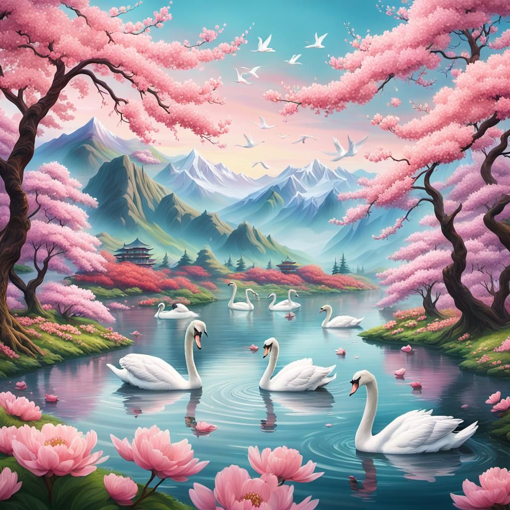 Swans Glide Across Lake with Cherry Blossoms