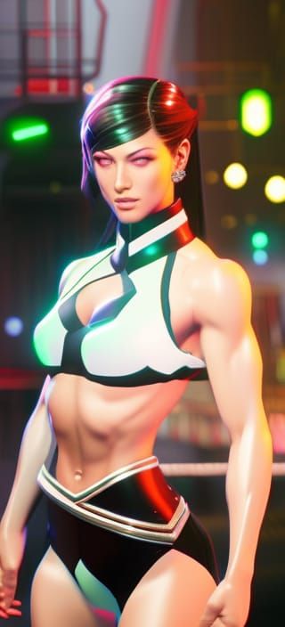 Female Bodybuilder Flexing Biceps in Cyberpunk Style