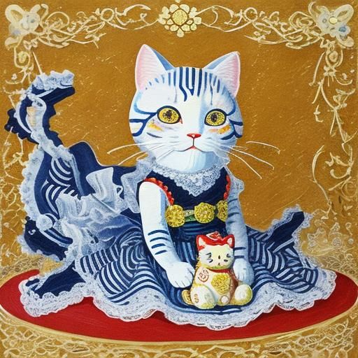 Hello Kitty as Rococo Maneki Neko in Impasto