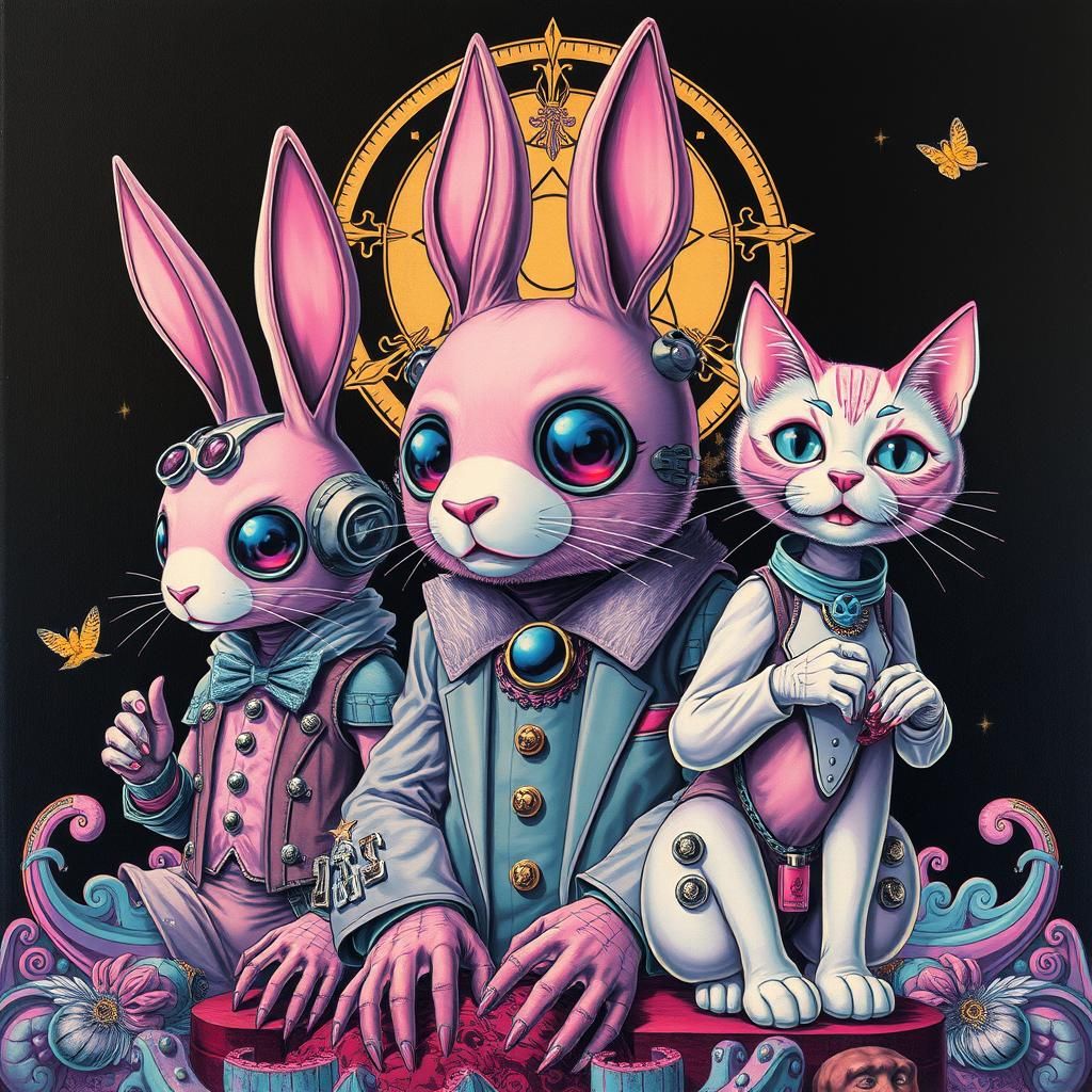 Pastel Cyborg Trio in Dystopian Art Deco Style